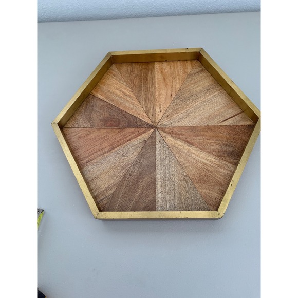 Hexagon Wood Tray Gold Accent Decorative Serving Tabletop Centerpiece - Picture 1 of 8